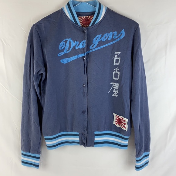 BB London Hipster Logo Bomber Jacket Size 2-M Snap Front - Picture 2 of 16